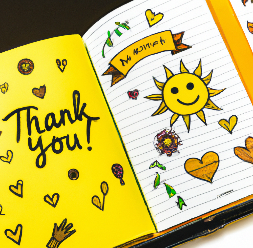 A big, yellow spiral-bound notebook with a pen resting on top of it. The notebook is open to a page with the words _Thank you!_ written in big, black