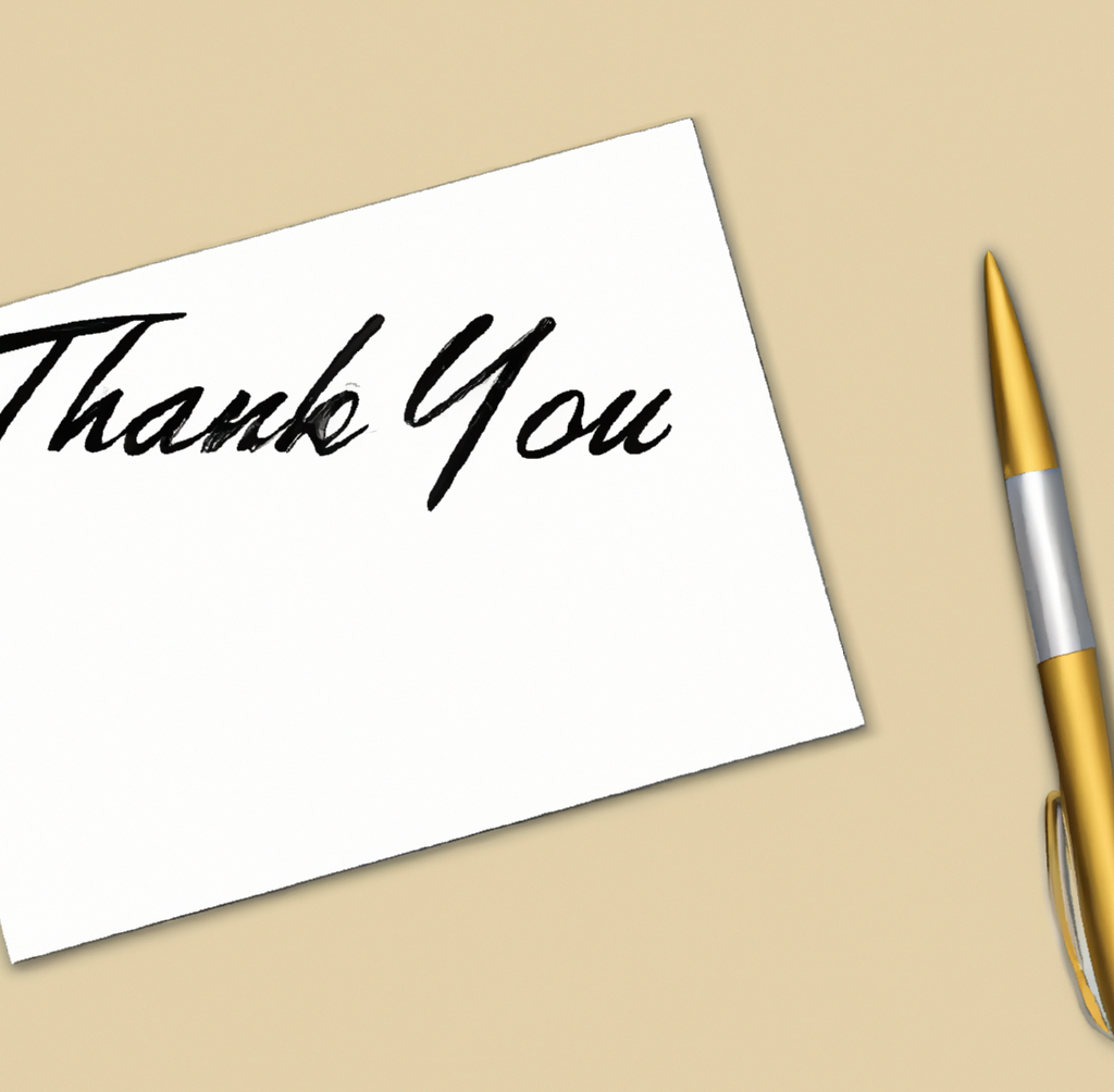 An image of a blank thank you note with a pen next to it would be best. The thank you note would have a simple, yet elegant design with white and gold